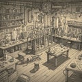 Steampunk-inspired workshop illustration features a cluttered space filled with Royalty Free Stock Photo