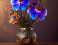 Steampunk intricate vase with bioluminiscent flowers - AI generated artwork Royalty Free Stock Photo