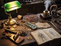 Steampunk inventor s workshop with intricate gears and blueprints illuminated by a green lamp Royalty Free Stock Photo