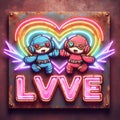 steampunk king and queen in love neon sign valentine illustration concept rusty background