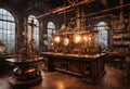 a steampunk laboratory conducting experiments with steam and clockwork mechanisms.