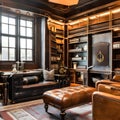 A steampunk laboratory-inspired study with vintage scientific instruments, leather armchairs, and antique maps2