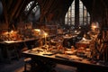 Steampunk laboratory intricate brass machinery and glowing concoctions in a sunlit setting