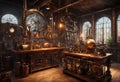 A steampunk laboratory with various gadgets and contraptions.