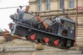 Steampunk locomotive at the entrance of the steampunk museum in Oamaru, New Zealand