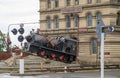 Steampunk locomotive at the entrance of the steampunk museum in Oamaru, New Zealand