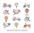 Steampunk machines collection, hand drawn vector illustration.