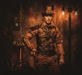 Steampunk man with gun on vintage steampunk background Royalty Free Stock Photo