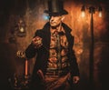 Steampunk man with pocket watch on vintage steampunk background