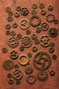 Steampunk mechanical cogs gears wheels on wooden background