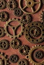 Steampunk mechanical cogs gears wheels on wooden background Royalty Free Stock Photo