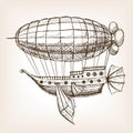 Steampunk mechanical flying airship sketch vector