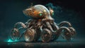 Steampunk mechanical object, blend between octopus and motorbike, part creature, part bike, moving underwater, AI generative