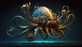 Steampunk mechanical object, blend between octopus and motorbike, part creature, part bike, moving underwater, AI generative