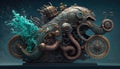 Steampunk mechanical object, blend between octopus and motorbike, part creature, part bike, moving underwater, AI generative