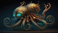 Steampunk mechanical object, blend between octopus and motorbike, part creature, part bike, moving underwater, AI generative