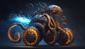 Steampunk mechanical object, blend between octopus and motorbike, part creature, part bike, moving underwater, AI generative