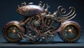 Steampunk mechanical object, blend between octopus and motorbike, part creature, part bike, moving underwater, AI generative
