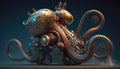 Steampunk mechanical object, blend between octopus and motorbike, part creature, part bike, moving underwater, AI generative