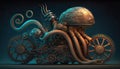 Steampunk mechanical object, blend between octopus and motorbike, part creature, part bike, moving underwater, AI generative