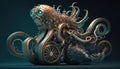 Steampunk mechanical object, blend between octopus and motorbike, part creature, part bike, moving underwater, AI generative