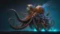 Steampunk mechanical object, blend between octopus and motorbike, part creature, part bike, moving underwater, AI generative