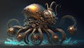 Steampunk mechanical object, blend between octopus and motorbike, part creature, part bike, moving underwater, AI generative