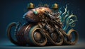 Steampunk mechanical object, blend between octopus and motorbike, part creature, part bike, moving underwater, AI generative