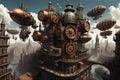 A steampunk metropolis adorned with intricate gears, towering clockwork buildings, and airships soaring through the skies