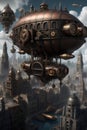 A steampunk metropolis adorned with intricate gears, towering clockwork buildings, and airships soaring through the skies