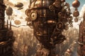 A steampunk metropolis adorned with intricate gears, towering clockwork buildings, and airships soaring through the skies