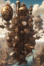 A steampunk metropolis adorned with intricate gears, towering clockwork buildings, and airships soaring through the skies