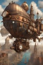 A steampunk metropolis adorned with intricate gears, towering clockwork buildings, and airships soaring through the skies