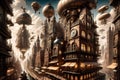 A steampunk metropolis adorned with intricate gears, towering clockwork buildings, and airships soaring through the skies