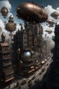 A steampunk metropolis adorned with intricate gears, towering clockwork buildings, and airships soaring through the skies