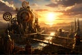 Steampunk Metropolis at Sunset. A sprawling steampunk city with gears and cogs, AI Generated