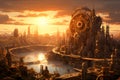 Steampunk Metropolis at Sunset. A sprawling steampunk city with gears and cogs, AI Generated