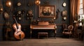 Immerse yourself in a steampunk music room that is a symphony of mechanical marvels and Victorian grandeur