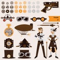 Steampunk objects and characters set. Airship, goggles, gears, old fashioned revolver.