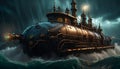 steampunk ocean sub, submarine on the stormy sea at night ai created Royalty Free Stock Photo