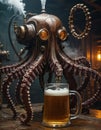 Steampunk Octopus Pouring Beer Royalty Free Stock Photo