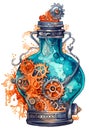 Steampunk orange and blue potion bottle with mechanical gears in a watercolor style. Fantasy art illustration. Created with Royalty Free Stock Photo