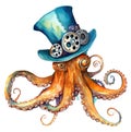 Steampunk orange octopus in a blue hat with mechanical gears in a watercolor style. Fantasy ocean animals illustration. Under the Royalty Free Stock Photo