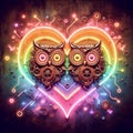 steampunk owls in love neon sign amor valentines concept rusty background