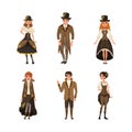 Steampunk People Character Wearing Retro Stylish Suits and Garment with Cogwheel Vector Set