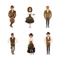 Steampunk People Character Wearing Retro Stylish Suits and Garment with Cogwheel Vector Set