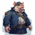 Steampunk Pig In Navy Jacket: A Rich And Immersive Illustration