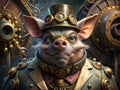 Steampunk pig with a top hat and goggles, standing in a mechanical workshop, surrounded by gears and machinery Royalty Free Stock Photo