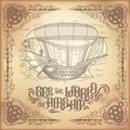 steampunk poster, illustration of a fantastic wooden flying ship