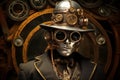 Steampunk robot fictional character wearing hat and suit. Generative AI